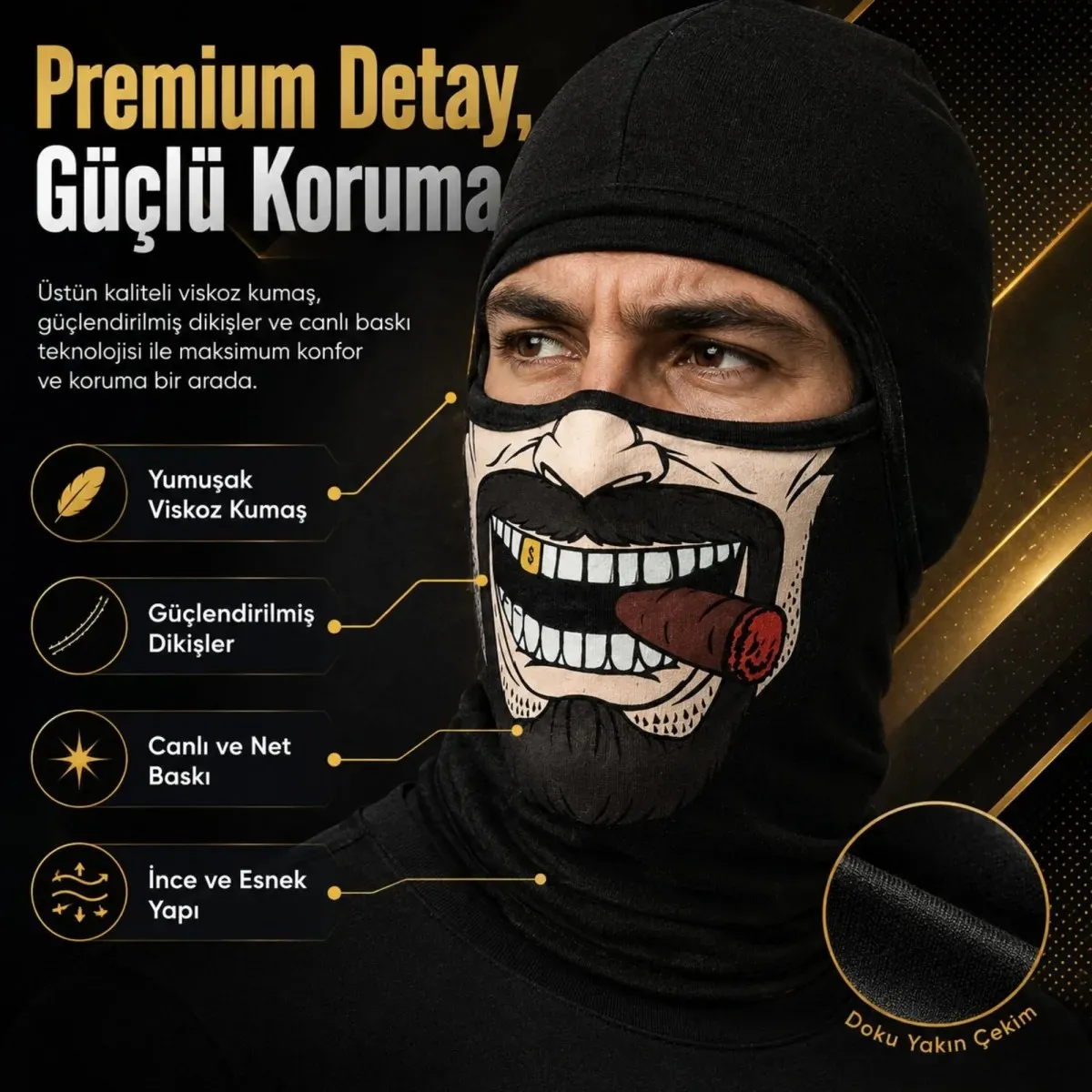 Unisex Bıyık Puro Baskılı Balaklava 1 Adet Tek Beden Viskoz Kask İçi Motosiklet Maskesi görseli