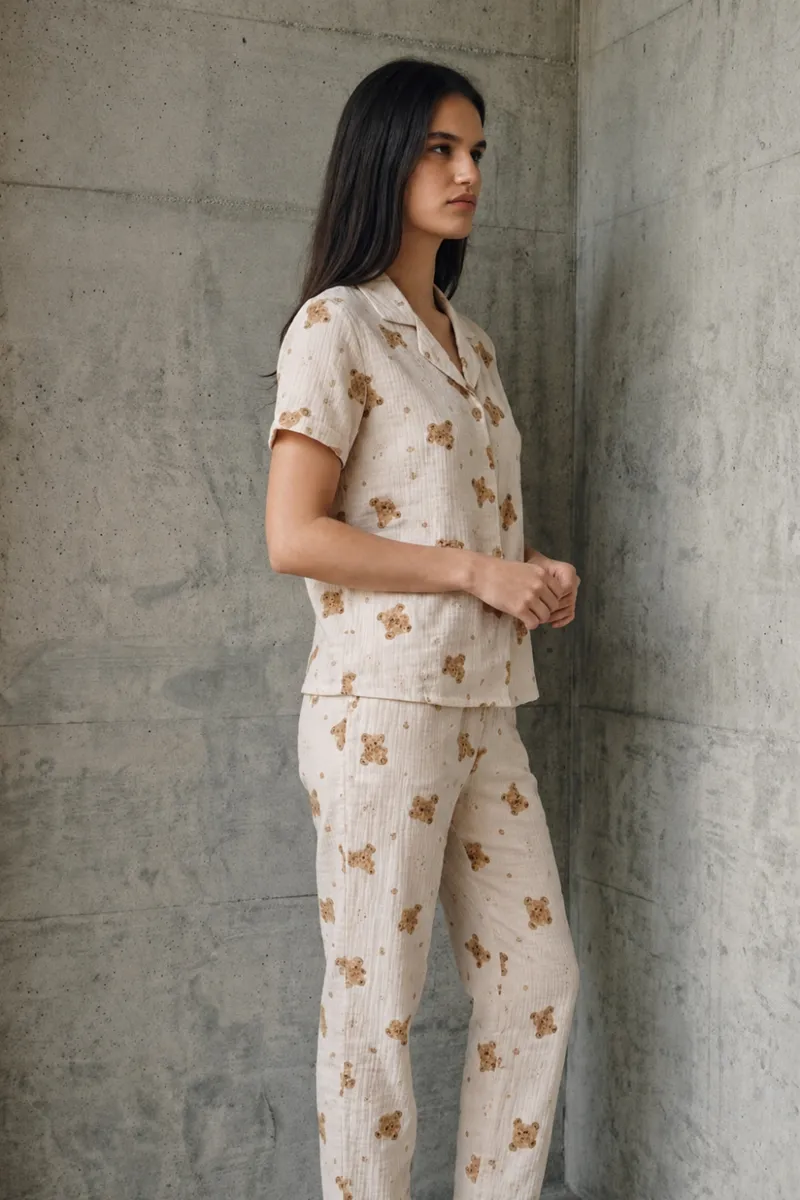 V Yaka Düğmeli Casual Kırık Beyaz Pijama Takımı görseli