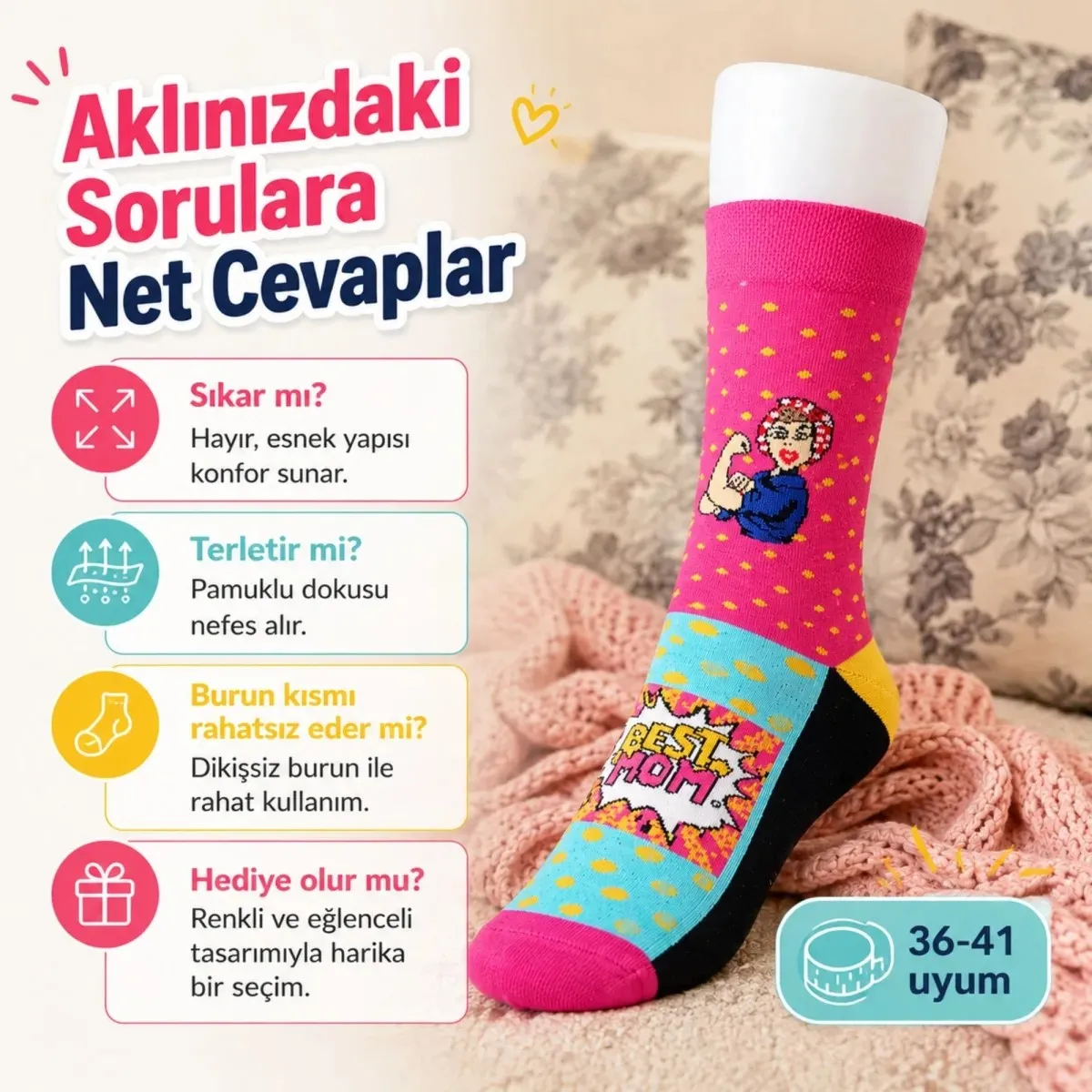 Best Mom Kadın Çorabı 36-40 Pamuklu Dikişsiz Burun Pop Art Desenli Renkli Soket Hediyelik Çorap görseli