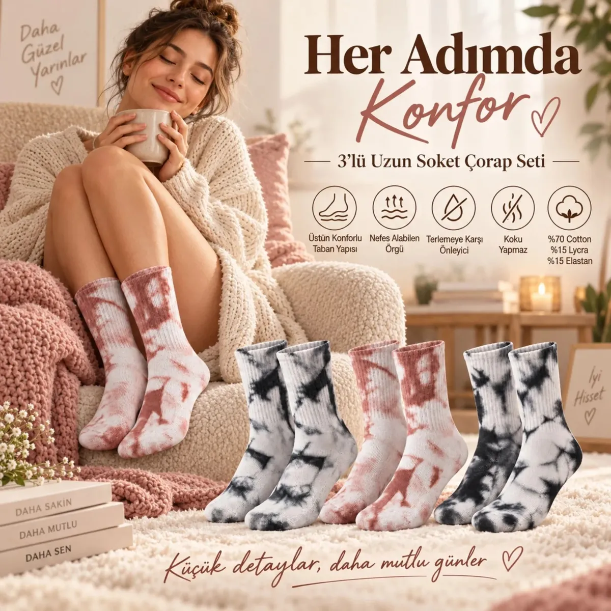 Unisex Batik Desenli Çorap 6'lı Set Pamuklu Uzun Soket Günlük Spor Nefes Alan Dikişsiz görseli