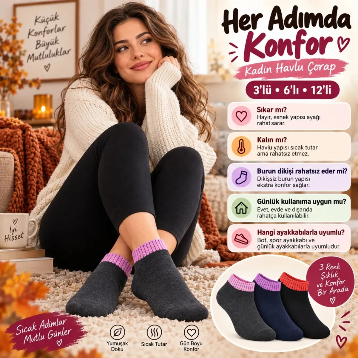 Kadın Havlu 3'lü Çorap Kısa Konç Dikişsiz Burun Sıcak Tutan Yumuşak Kışlık Çorap Seti görseli