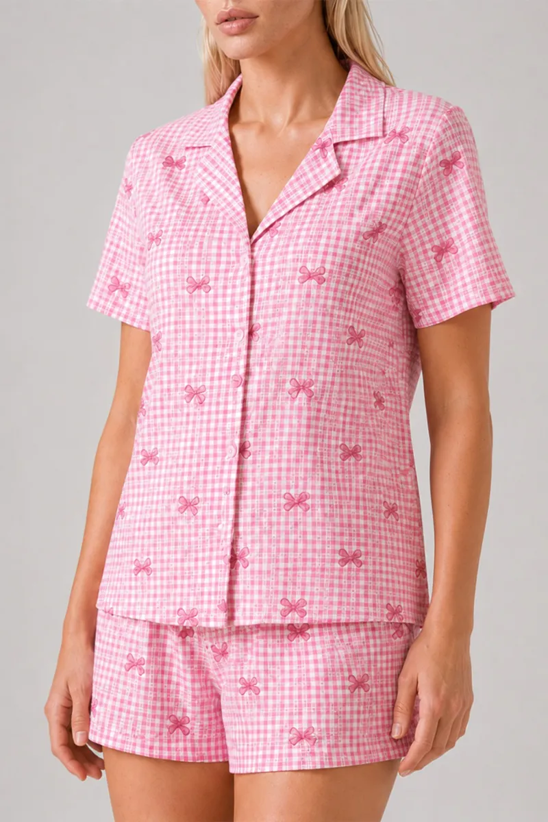 Ekose Fiyonk Desenli Şortlu Pijama Takımı Kadın Kısa Kollu Düğmeli Yazlık rahat Pembe Pijama Takımı 4634 görseli