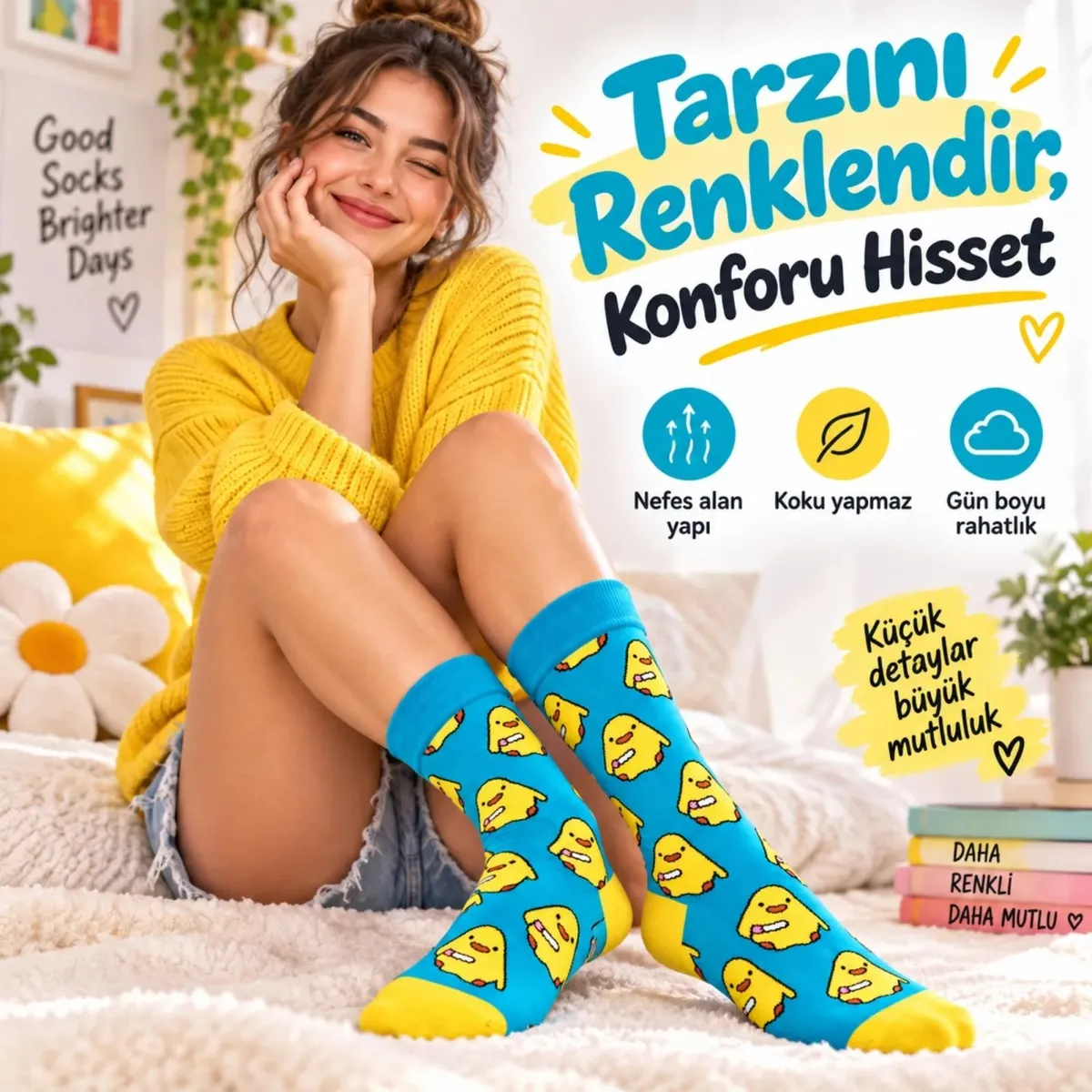 Renkli Civciv Desenli Unisex Çorap 3'lü Set | Yumuşak, Esnek, Konforlu ve Günlük Kullanıma Uygun görseli