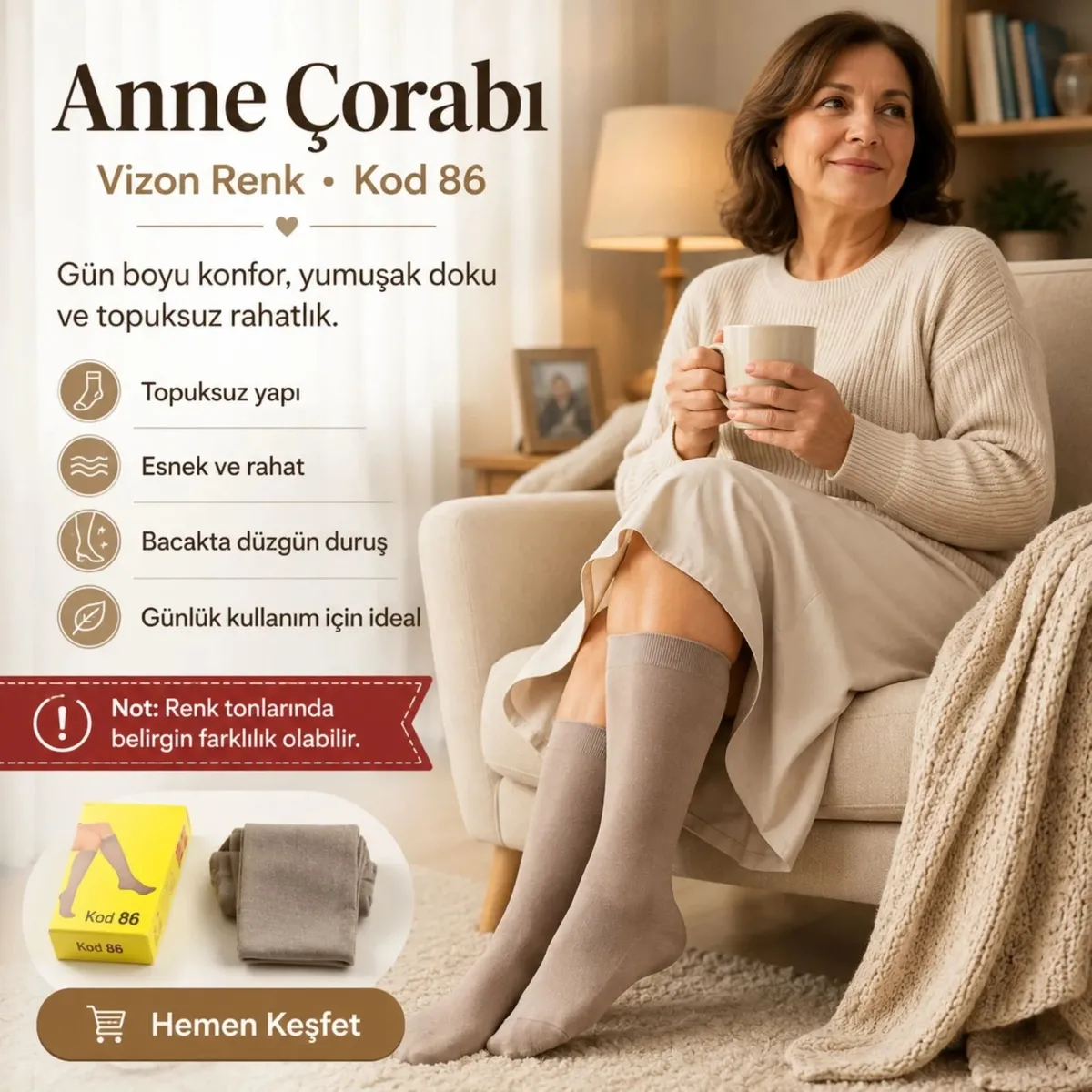 Kadın 40 Denye İnce Anne Çorabı 12'li | Dizaltı Topuksuz Esnek, Ten Siyah Bronz Vizon görseli