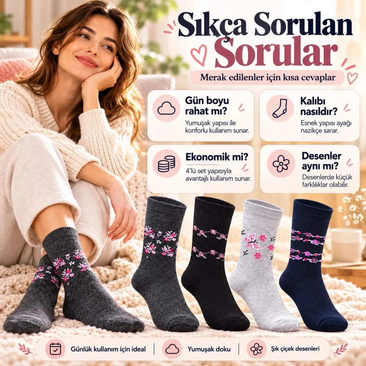 Kadın Ekonomik Soket Çorap 4'lü Seti | Çiçek Desenli Bayan Günlük Çorap Karışık Renk Avantajlı Paket görseli