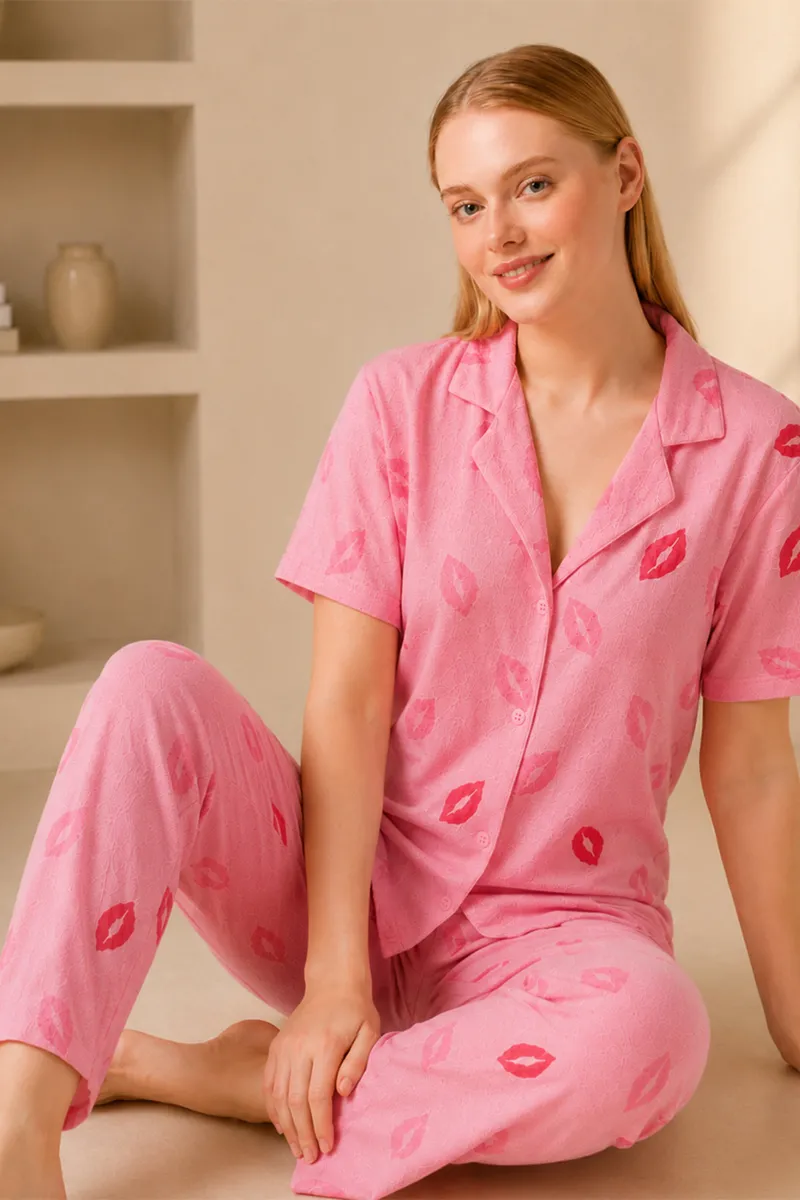 Dudak Desenli Pijama Takımı 4646-Pembe görseli
