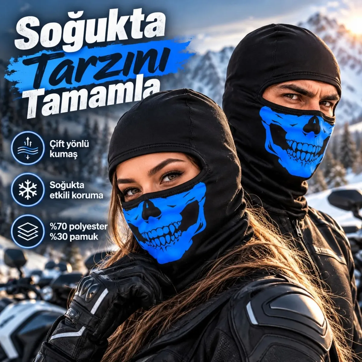 Unisex Mavi Kurukafa Desenli Balaklava Kar Maskesi | Siyah Tam Kafa Motorcu Boyunluk ve Yüz Maskesi! görseli