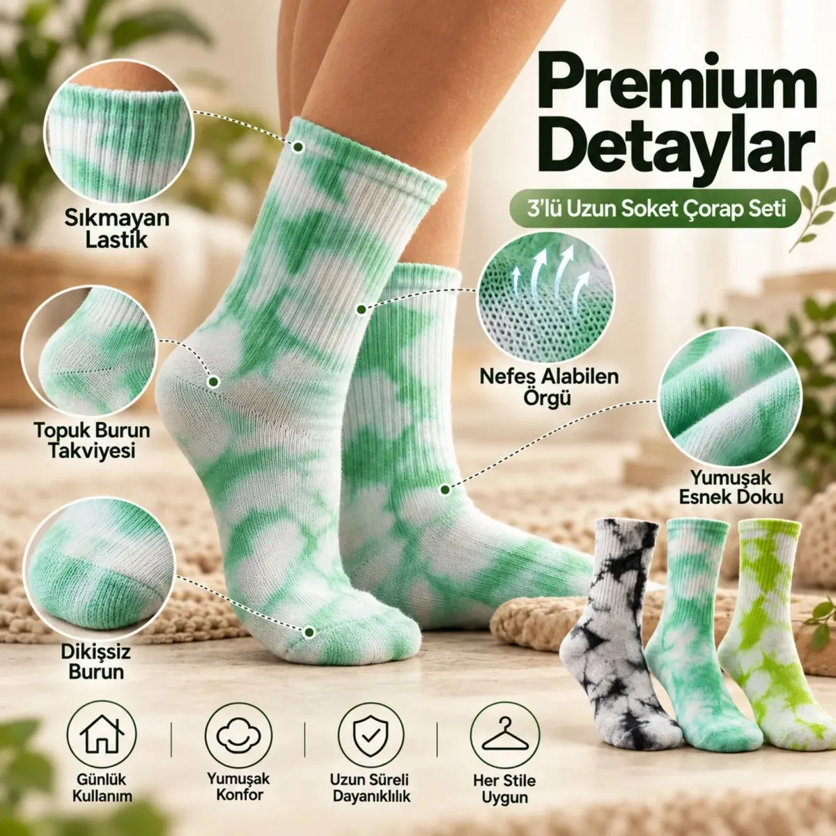 Unisex Batik Desenli Çorap 6'lı Set Renkli Pamuklu Uzun Soket Dikişsiz Nefes Alan Günlük Spor Çorabı görseli