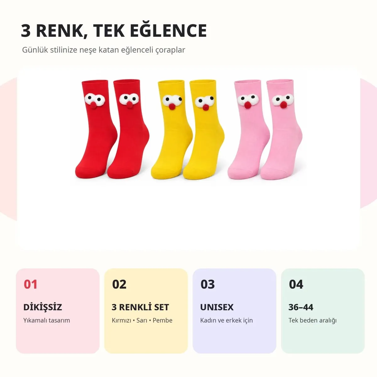 Kadın 3'lü Kutulu 3D Gözlü Soket Çorap Seti | Kırmızı, Sarı, Pembe Eğlenceli Hediyelik Çorap Paketi! görseli