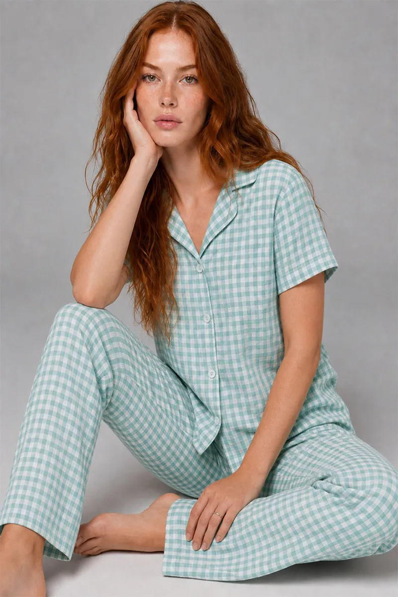 Kare Desenli Bürümçük kumaş Kısa Kollu Pijama Takımı 6065 Su Yeşili görseli