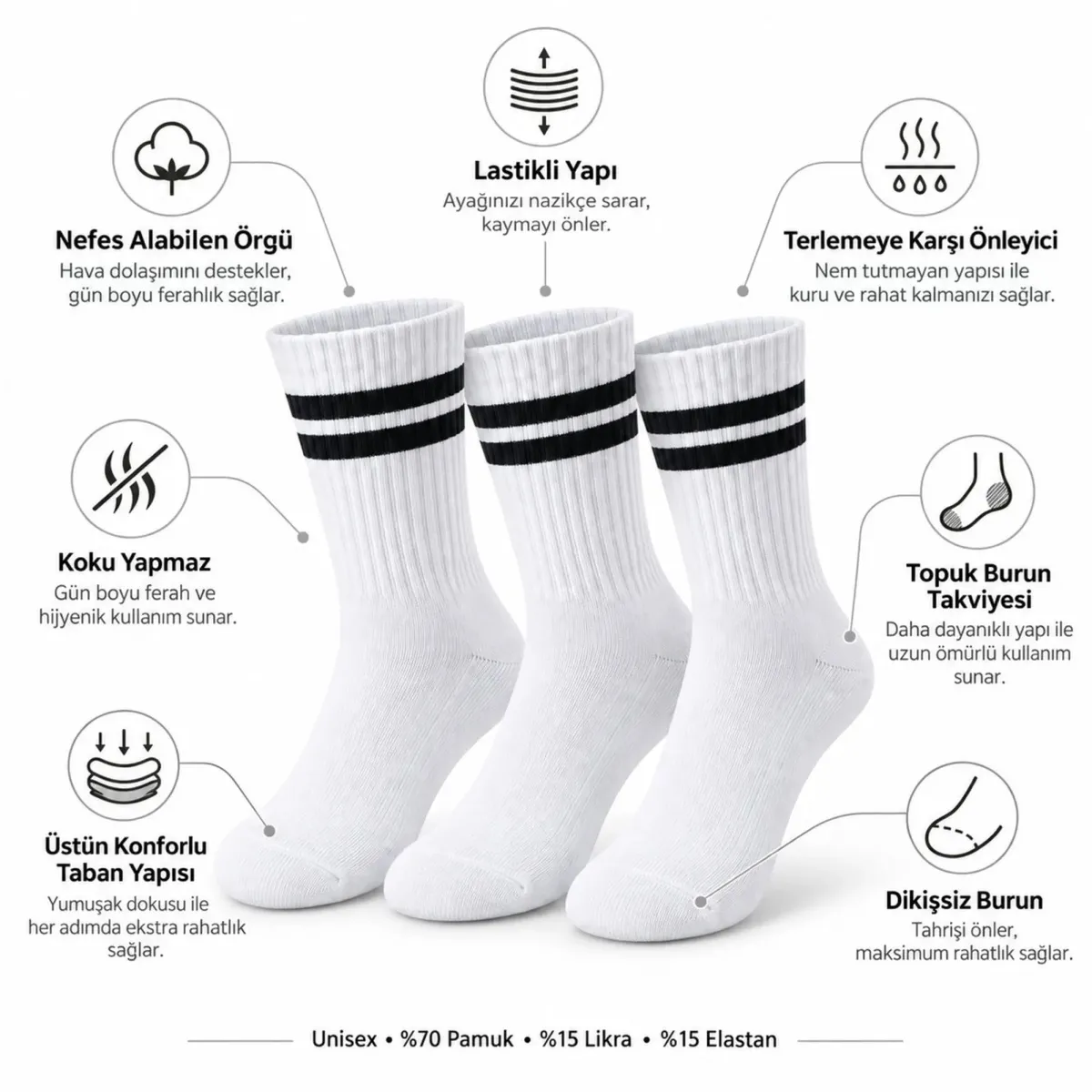 Unisex Beyaz Çorap Siyah Çizgili 9'lu Set Uzun Soket Günlük Spor Kolej Stil Kadın Erkek Çorabı görseli