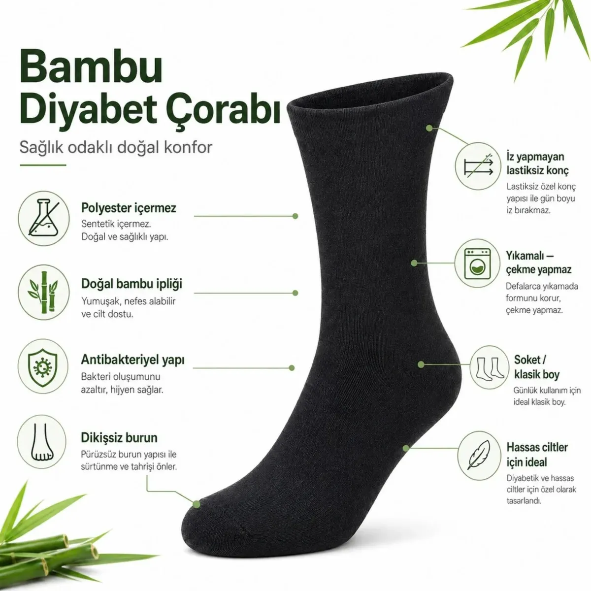 Bambu Diyabet Çorabı 3'lü Lastiksiz Dikişsiz Burun Siyah Uzun Konç Hassas Ayaklar İçin görseli
