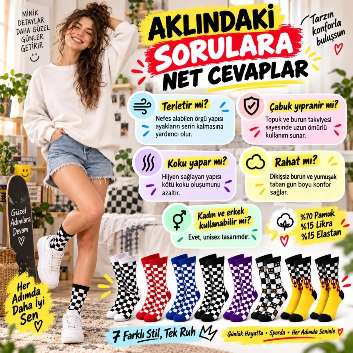 UNİSEX Çorap Dama Desenli Renkli 14'lü Set Kareli Alev Desenli Uzun Soket Günlük Spor Çorabı görseli