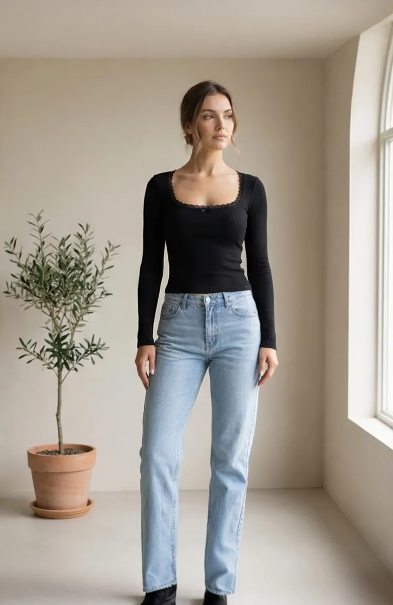 Kadın Siyah Kare Yaka Dantelli Uzun Kollu Crop Top Bluz – Şık, Rahat ve Kolay Kombinlenebilir görseli