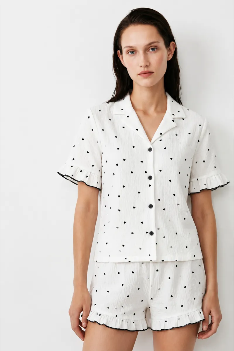 Kadın Relaxed Lastikli Beyaz Pijama Takımı
