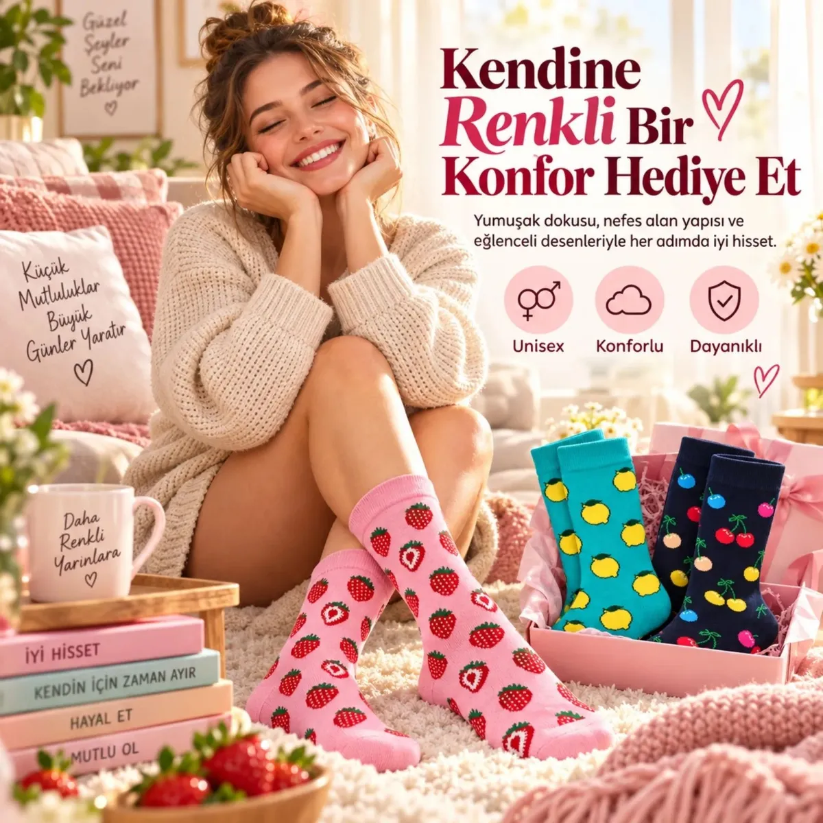 Kadın Ve Erkek Çorap Meyve Desenli Renkli 3'lü Set Uzun Soket Günlük Rahat Çorap Seti görseli