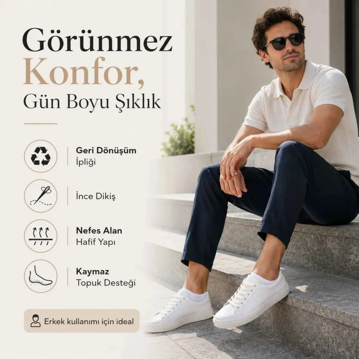 Erkek Geri Dönüşüm İplikli 12’li Görünmez Sneaker Çorap, İnce Dikişli, Nefes Alan Yazlık Babet Çorabı, Kaymaz Topuklu Siyah Gri Beyaz görseli