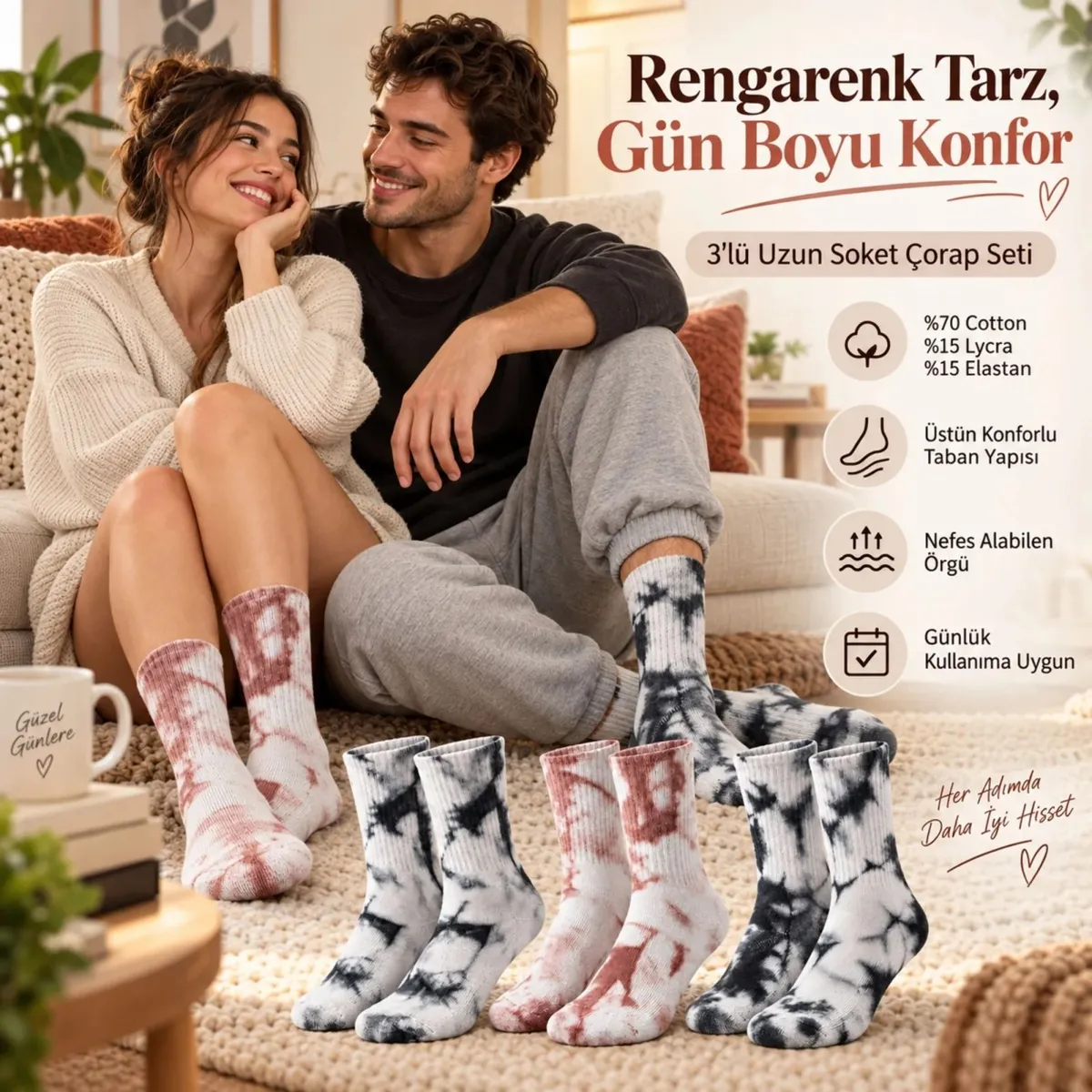 Unisex Batik Desenli Çorap 6'lı Set Pamuklu Uzun Soket Günlük Spor Nefes Alan Dikişsiz görseli