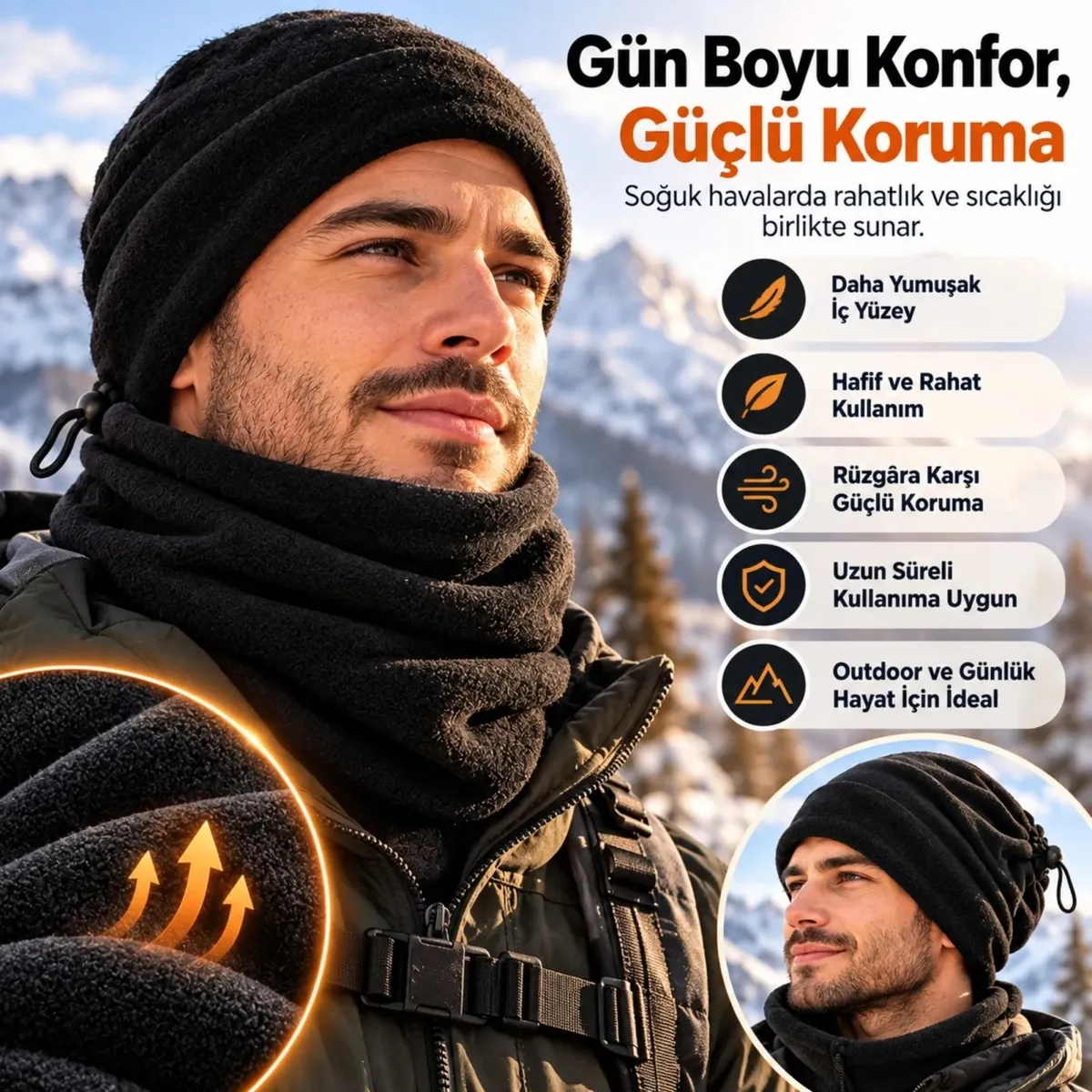 Unisex Premium Polar Bere Boyunluk 2 Adet Set 2'si 1 Arada Sıcak Tutan Rüzgar Korumalı Outdoor Siyah görseli