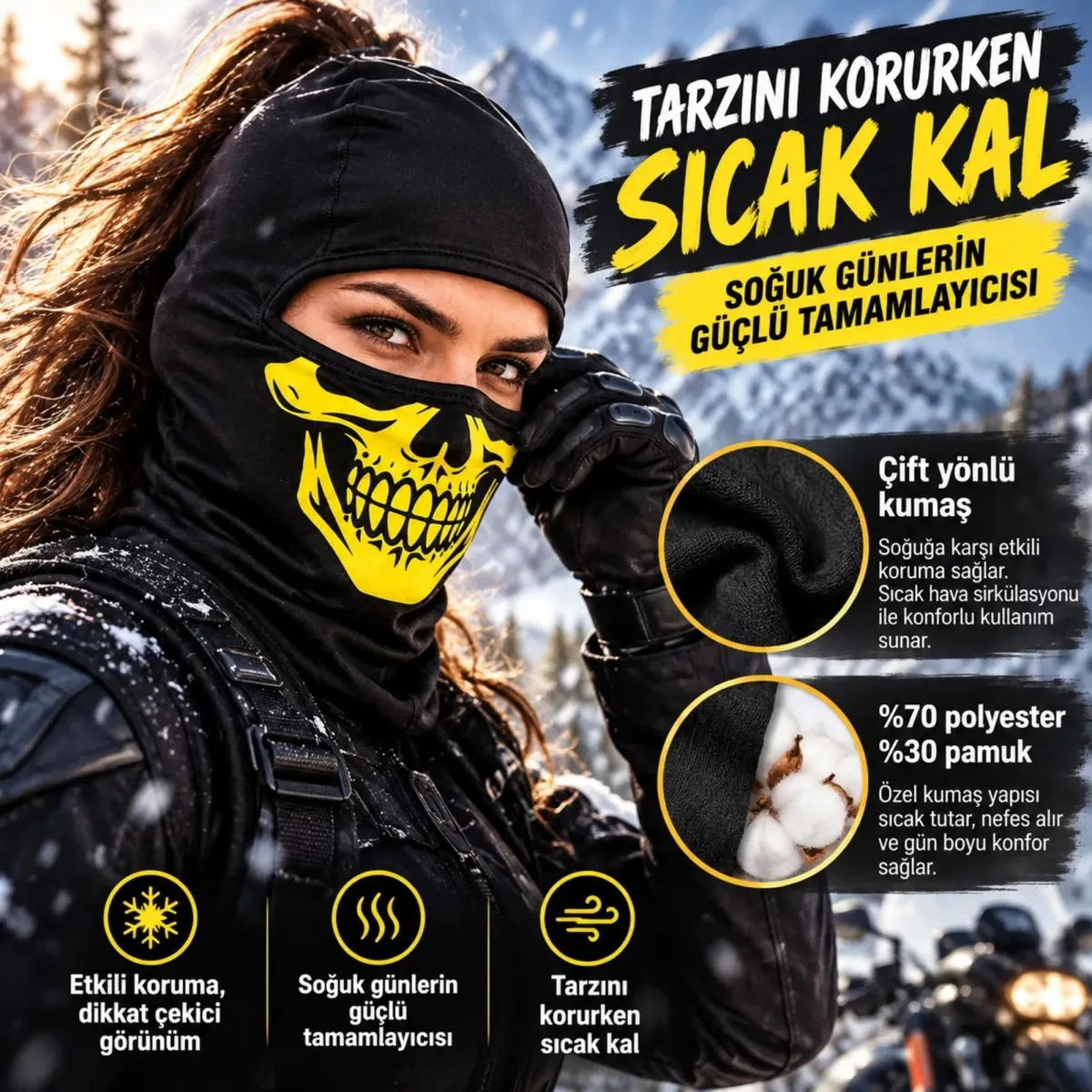Unisex Sarı Kurukafa Desenli Balaklava Kar Maskesi | Siyah Tam Yüz Boyunluk Motosiklet Outdoor Maske görseli
