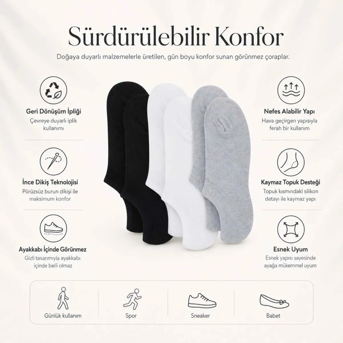 Kadın Görünmez Sneaker Babet Çorap 6'lı | Geri Dönüşüm İplikli, Nefes Alan, Siyah Beyaz Gri görseli