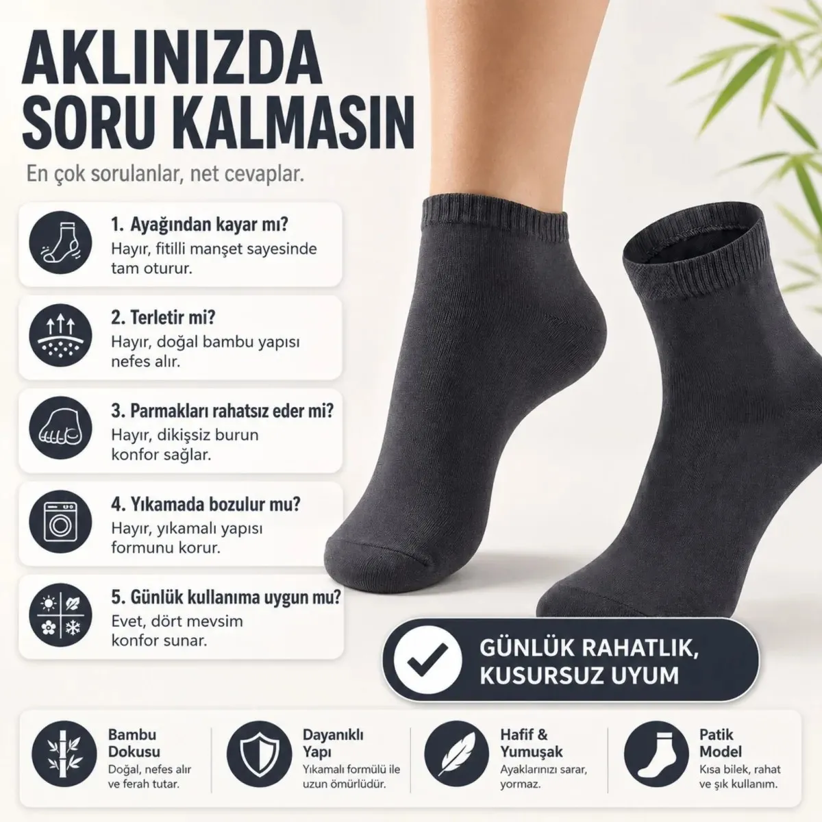Erkek Kısa Konç 12’li Bambu Çorap 39-44 Dikişsiz Burun Nefes Alan Yumuşak Günlük Patik Çorap görseli