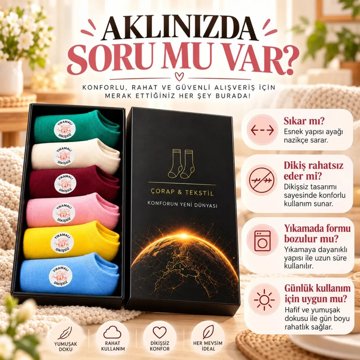 Kadın Dikişsiz Patik Çorap 12'li Kutulu Set | Renkli Günlük Patik Çorabı Hediyelik Pamuk görseli