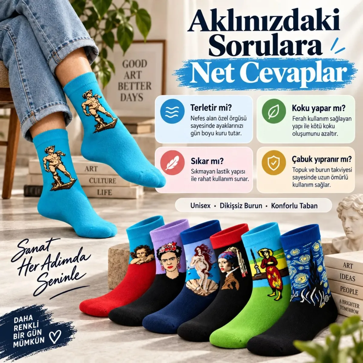 UNİSEX Çorap Sanat Temalı Renkli 7'li Set Portre Tablo Desenli Uzun Soket Günlük Eğlenceli Çorap Şık görseli