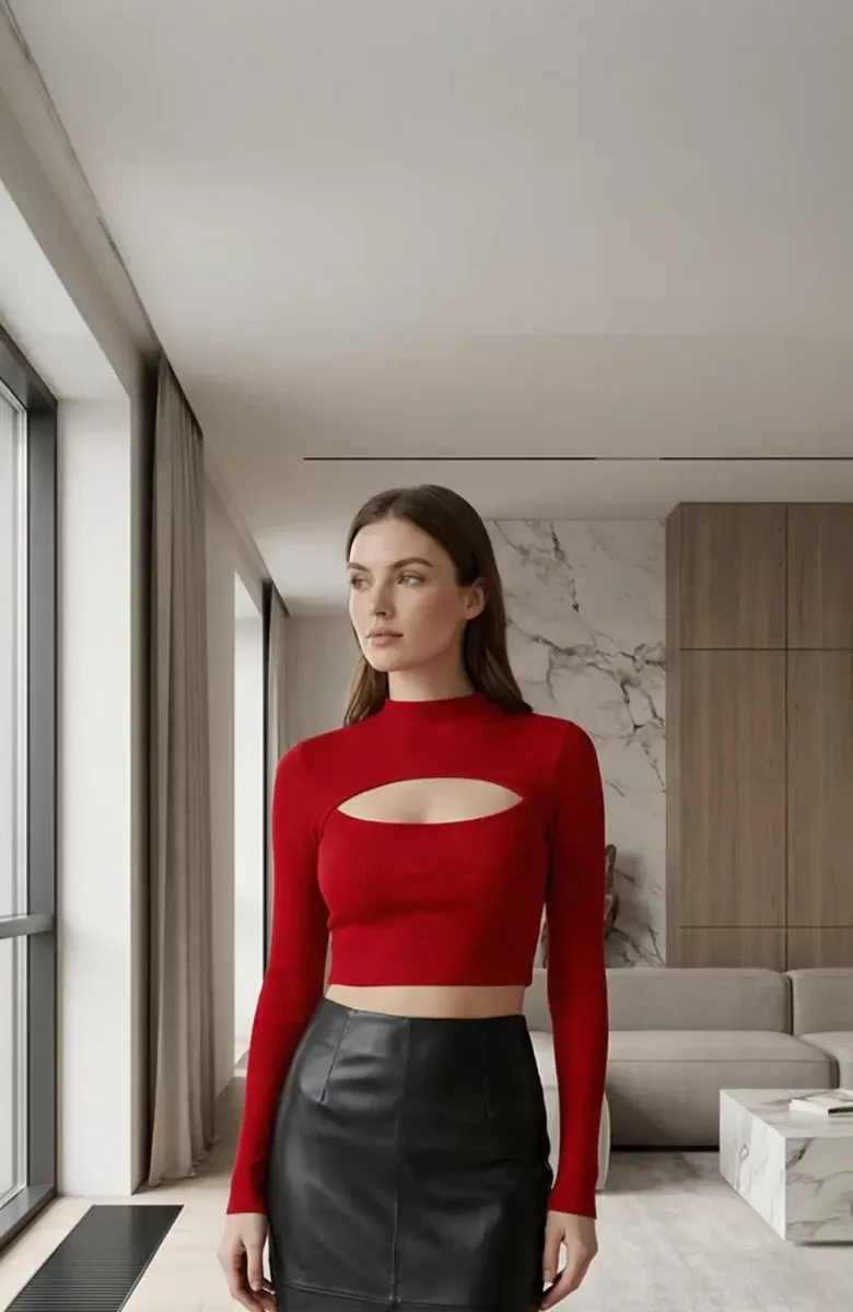 Kadın Kırmızı Göğüs Dekolteli Uzun Kollu Cut Out Crop Top Bluz – Şık, Rahat ve Kolay Kombinlenebilir görseli
