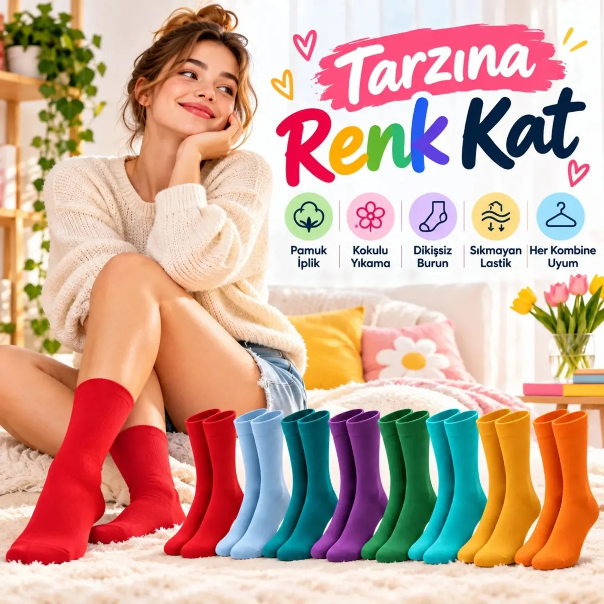 Unisex Renkli Çorap 8'li Set Günlük Rahat Esnek Uzun Soket Çorap Canlı Renkler Yumuşak Konforlu Seti görseli