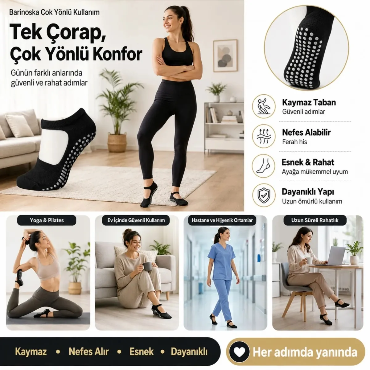Kadın Siyah Kaymaz Yoga Pilates Çorabı 3'lü | Silikon Taban, Bilek Bantlı, Ev Spor Umre görseli
