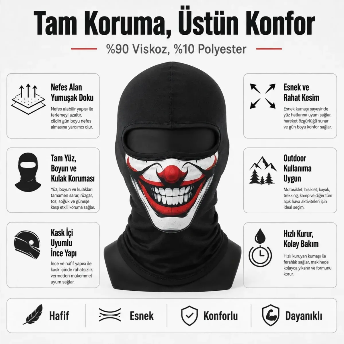 Unisex Palyaço Baskılı Balaklava Maske 1 Adet Tek Beden Viskoz Kask İçi Outdoor Motosiklet Maskesi görseli