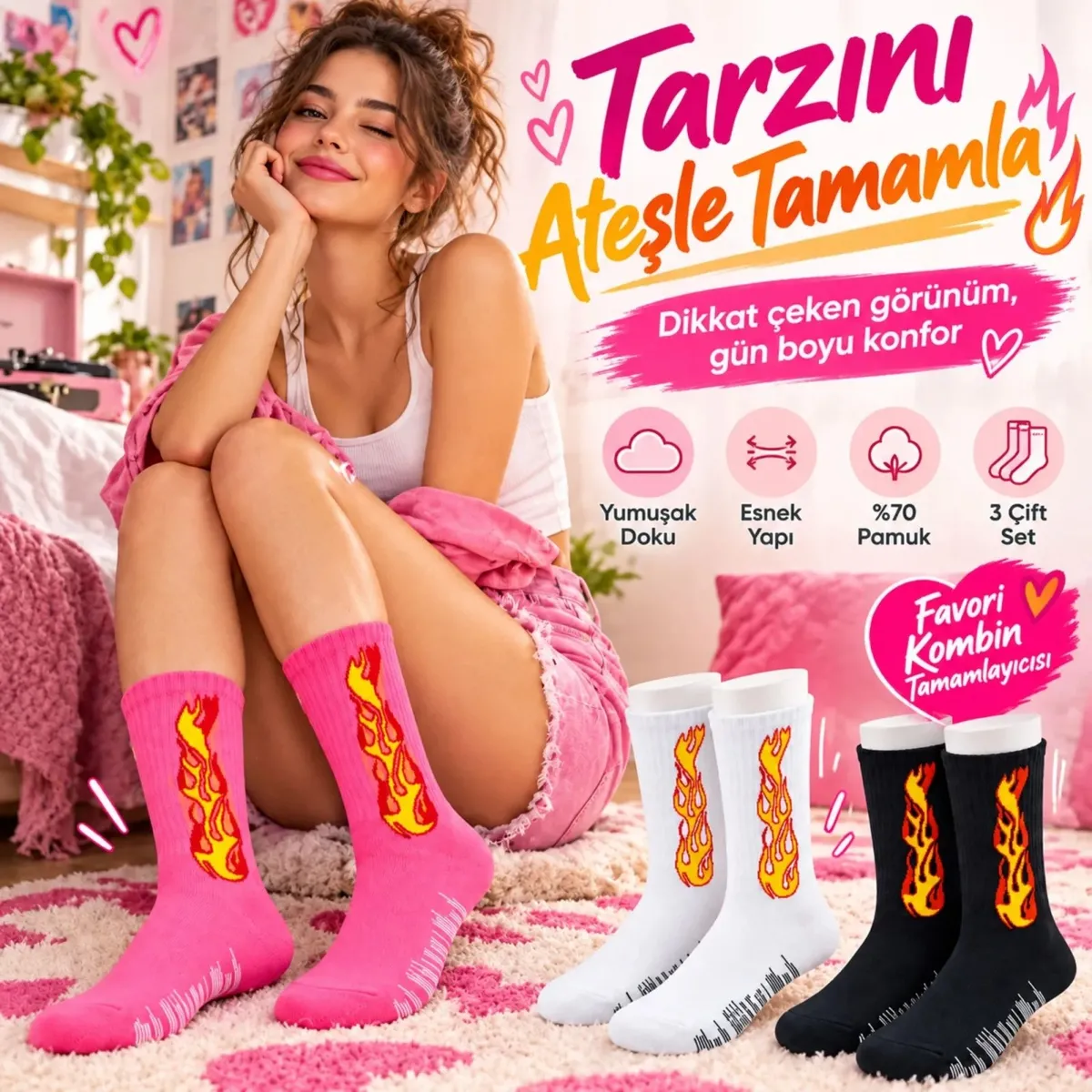 Unisex Alev Desenli Çorap 6'lı Set Pamuklu Uzun Soket Dikişsiz Nefes Alan Günlük Spor Çorabı Yumuşak görseli