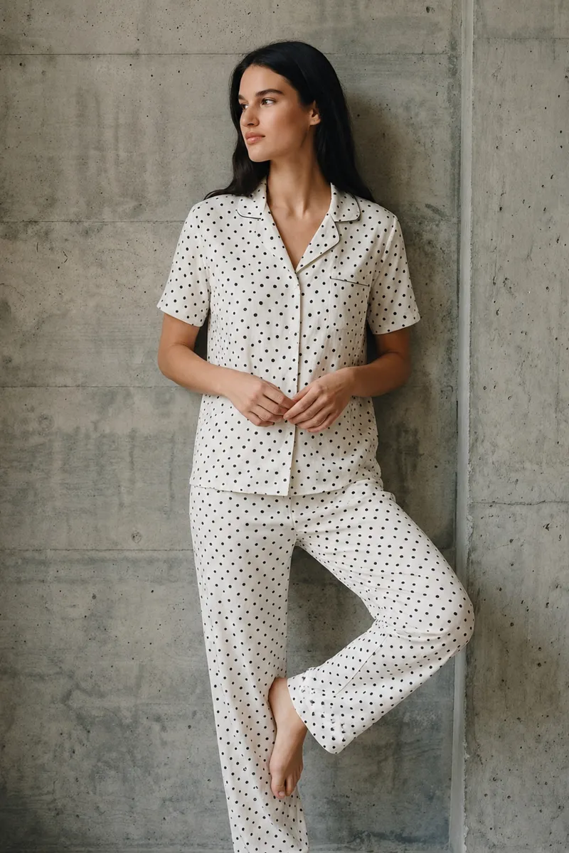 V Yaka Düğmeli Casual Kar Beyaz Pijama Takımı görseli