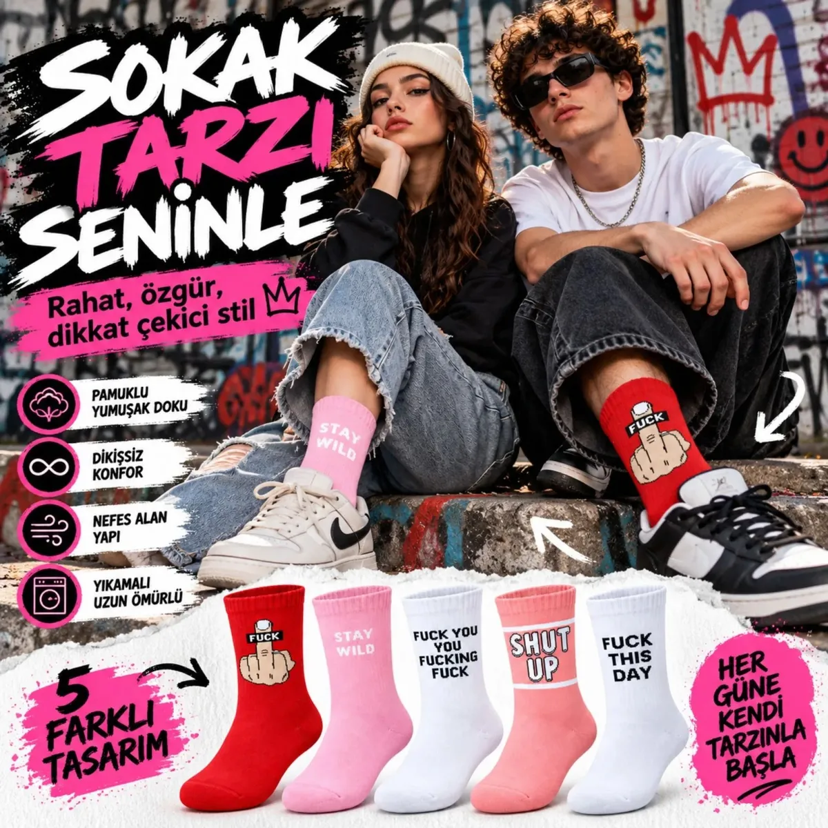 Unisex Yazılı Desenli Soket Çorap 5'li Set | Eğlenceli Sloganlı Renkli Günlük Uzun Çorap Modelleri Şık