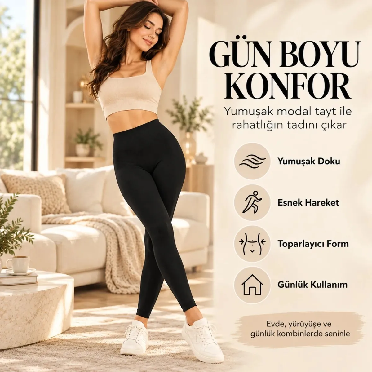 Kadın Toparlayıcı Siyah Modal 3'lü Tayt Yüksek Bel Esnek Rahat Günlük Spor Vücut Şekillendirici Tayt görseli