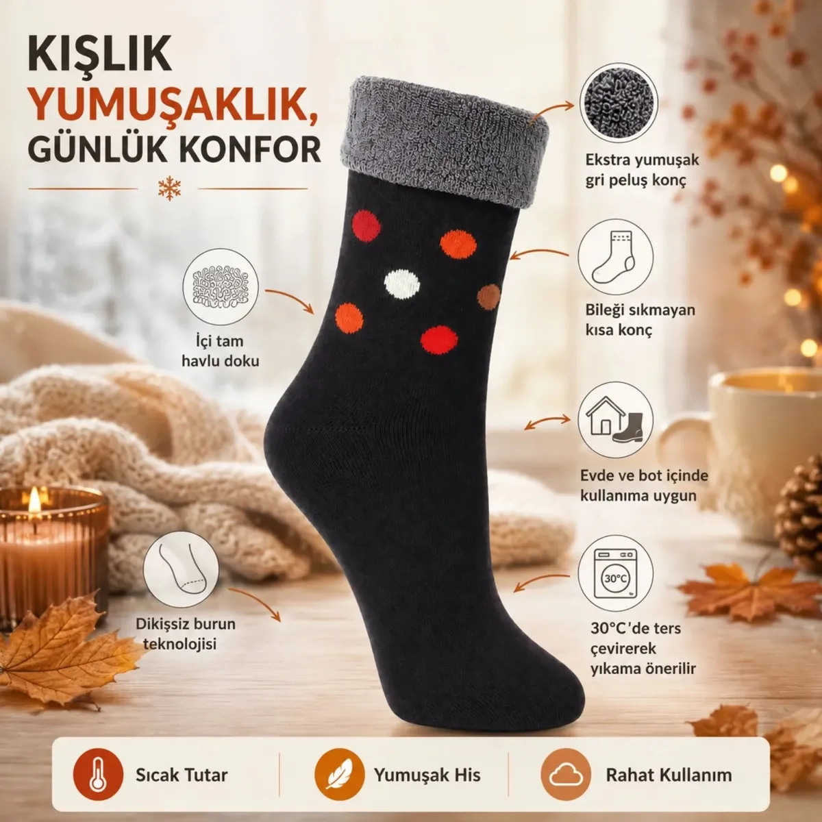 6’lı Kadın Kışlık Havlu Çorap Sıcak Tutan Karışık Desenli Yumuşak Çoklu Çorap Seti görseli