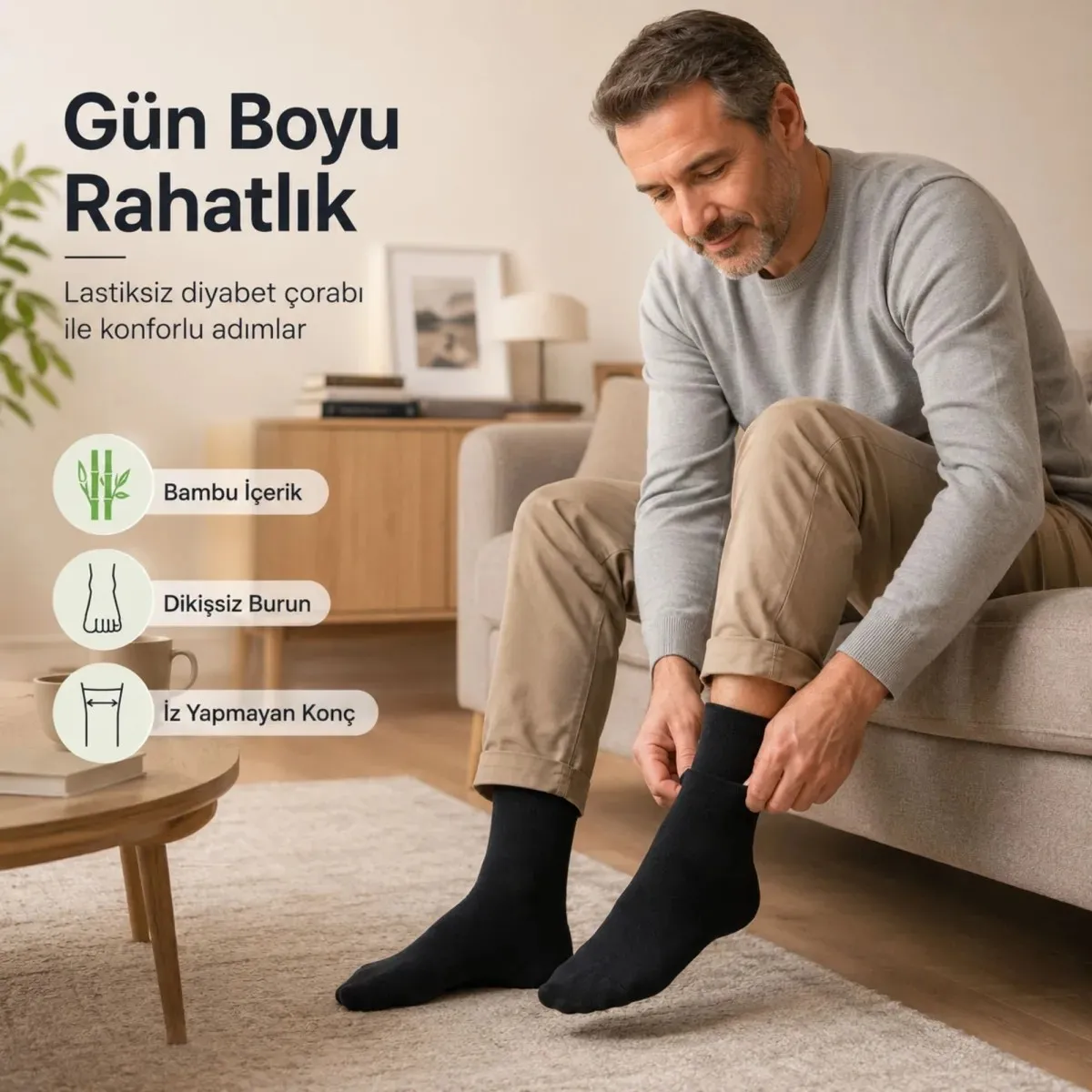 Bambu Diyabet Çorabı 3'lü Lastiksiz Dikişsiz Burun Siyah Uzun Konç Hassas Ayaklar İçin görseli