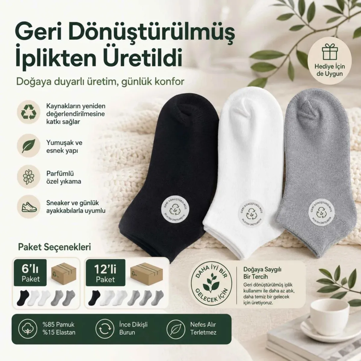 Unisex Dikişsiz Patik Çorap 6'lı | %85 Pamuklu Geri Dönüşüm İplikli, Nefes Alan Spor görseli