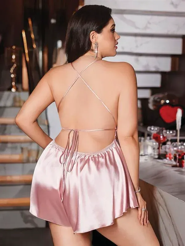 Büyük Beden Pudra Arkadan Bağlamalı Tulum Saten Babydoll Gecelik görseli