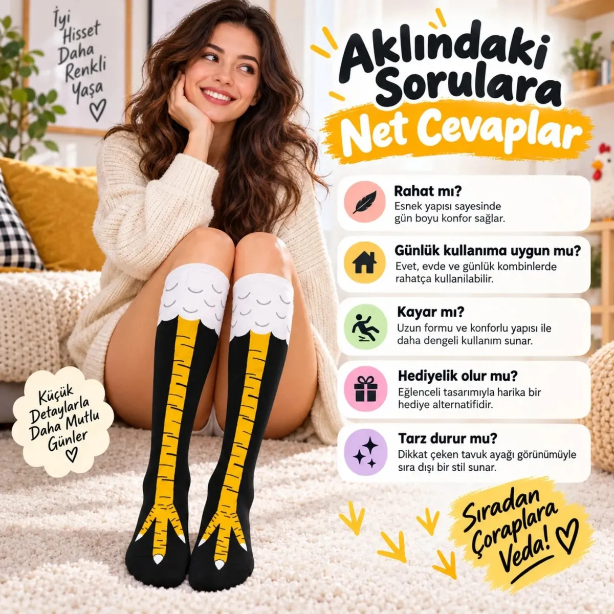 Kadın Diz Üstü Tavuk Ayağı 3'lü Desenli Çorap Siyah Sarı Uzun Eğlenceli Kostüm Günlük Çorabı Modeli görseli