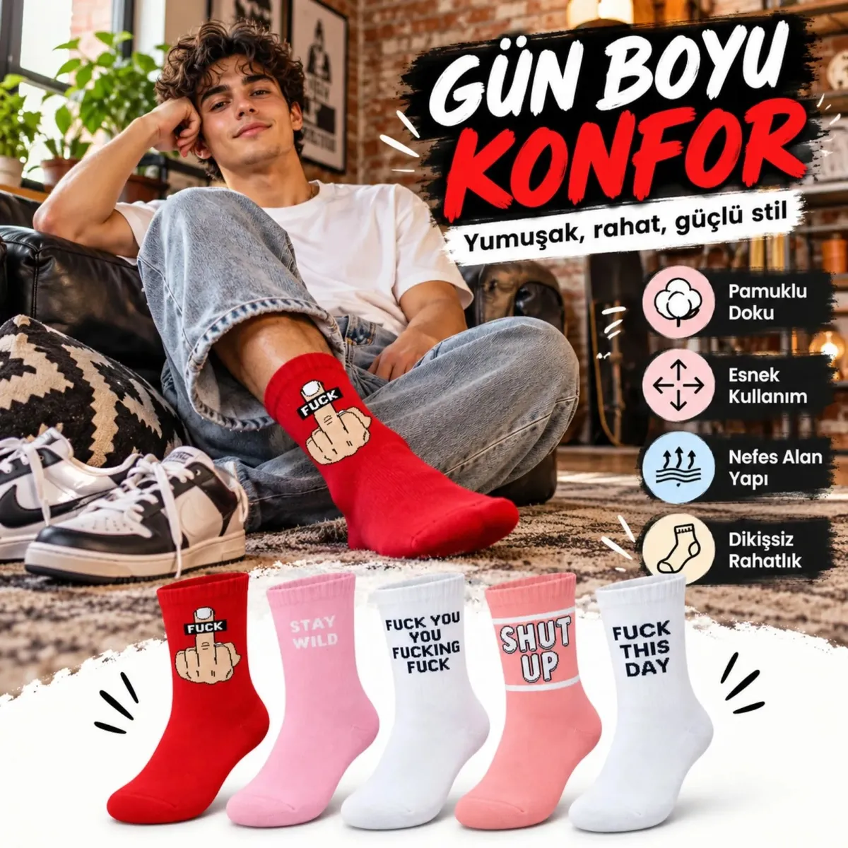 Unisex Yazılı Desenli Soket Çorap 5'li Set | Eğlenceli Sloganlı Renkli Günlük Uzun Çorap Modelleri Şık görseli