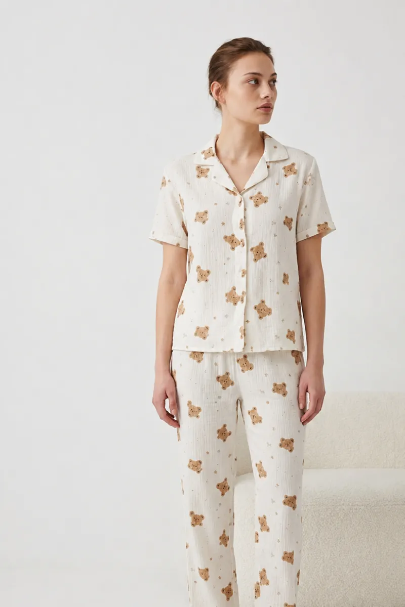 V Yaka Kapama Lastik Bel Kırık Beyaz Pijama Takımı görseli