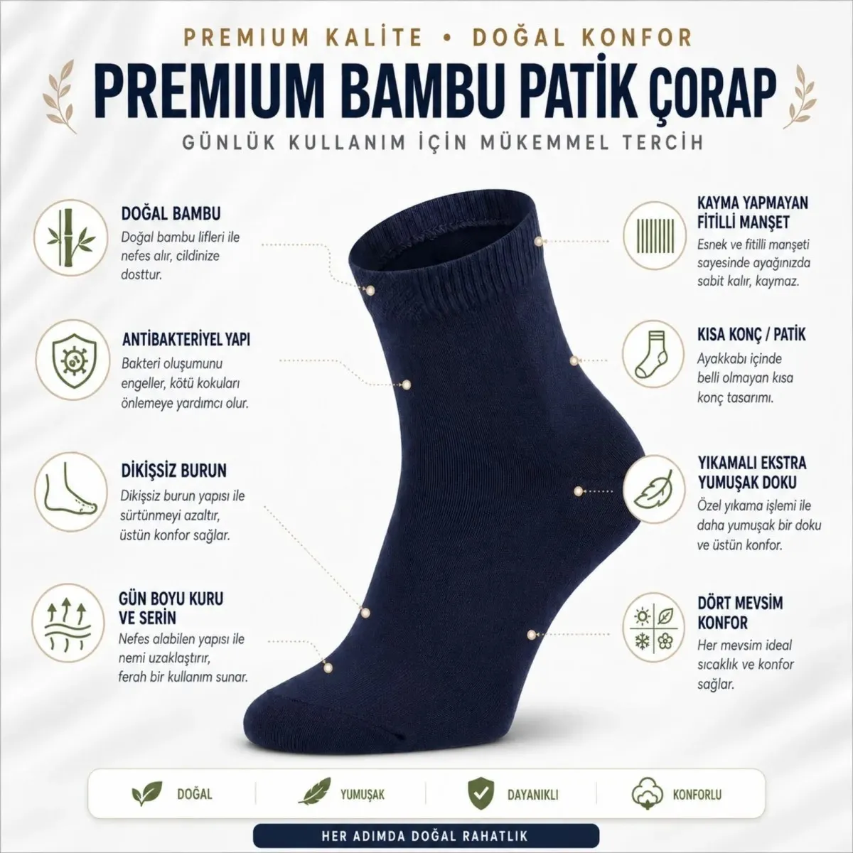 Erkek Bambu Patik Çorap 8'li 39-44 | Dikişsiz Burun Nefes Alan Yumuşak Çok Renkli görseli