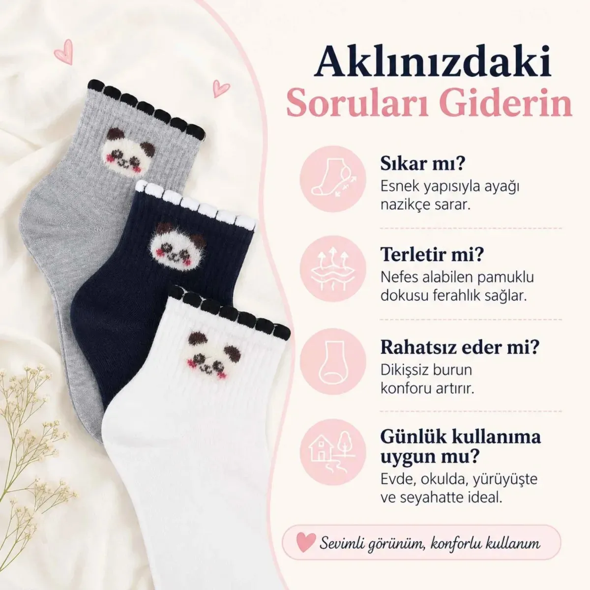 Kadın Panda Desenli Kısa Konç Çorap 3'lü | %80 Pamuklu Dikişsiz, Siyah Beyaz Gri görseli