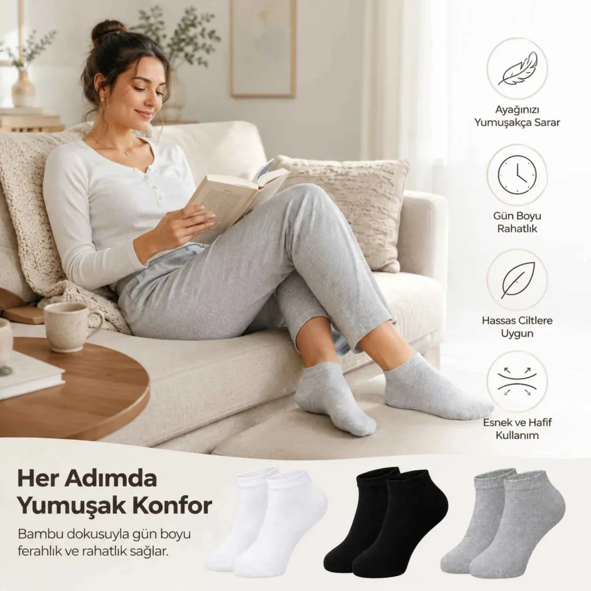 Kadın Bambu Patik Çorap 12'li | Nefes Alan Nem Emici Yumuşak, Siyah Beyaz Gri görseli