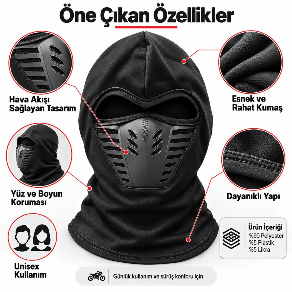 Siyah Balaklava Kar Maskesi | Air Flow Hava Kanallı Yüz Maskeli Tam Kafa Boyunluk Motorcu ve Outdoor görseli