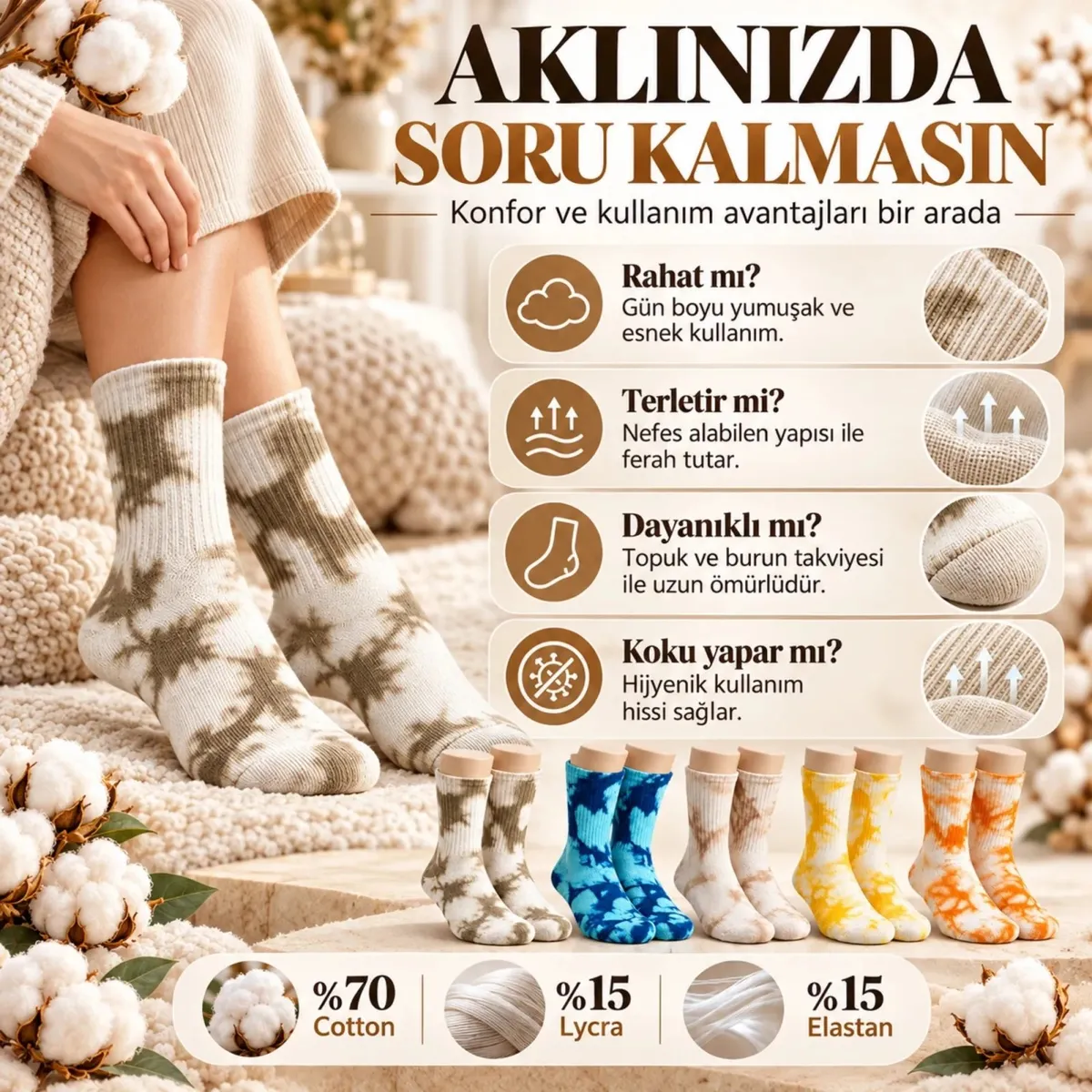 Turkuaz Sarı Turuncu Unisex Batik Desenli Çorap 5'li Set Pamuklu Renkli Uzun Soket Dikişsiz Nefes Alan Günlük Spor Çorabı görseli