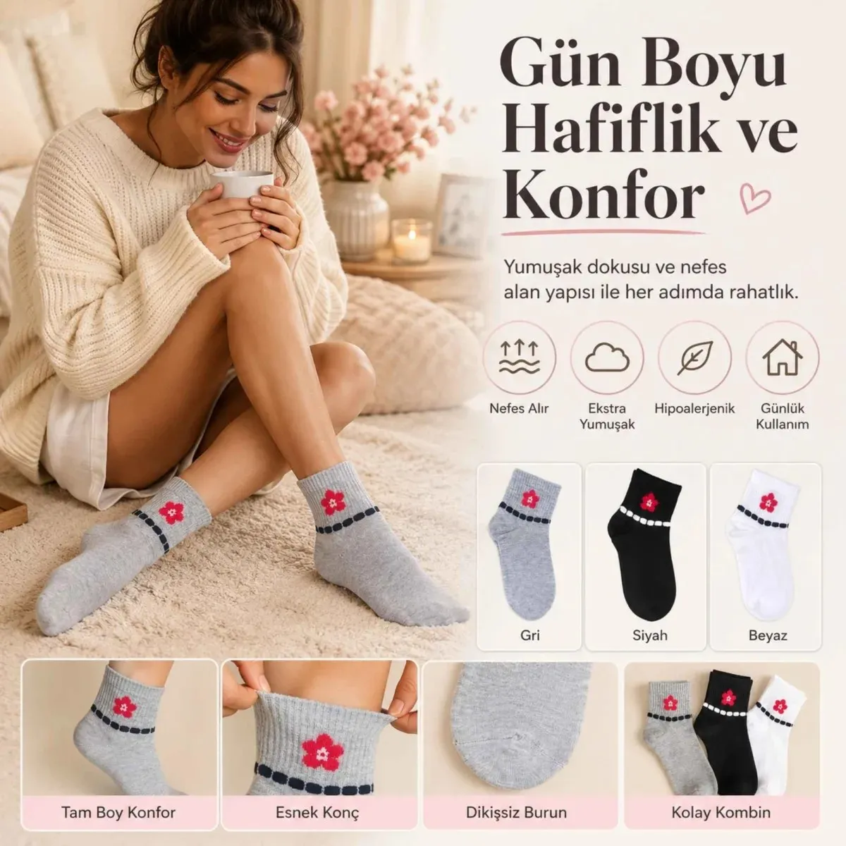 Kadın Çiçek Desenli Kısa Konç Çorap 6'lı | %80 Pamuklu Dikişsiz, Siyah Beyaz Gri görseli