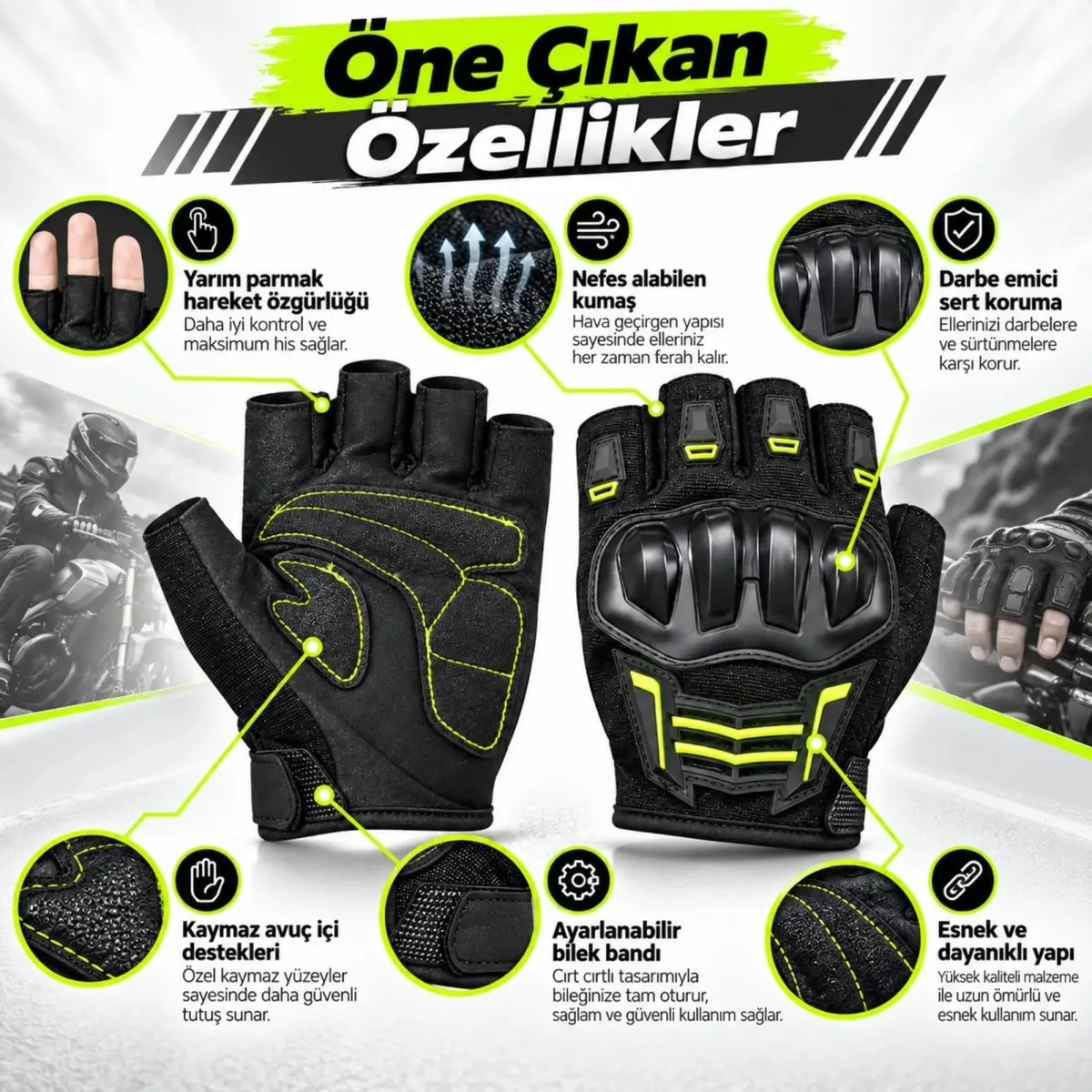 Unisex Yarım Parmak Motosiklet Eldiveni | 3D Knuckle Panelli Kaydırmaz Avuç İçi Ayarlı Bilek Bantlı görseli